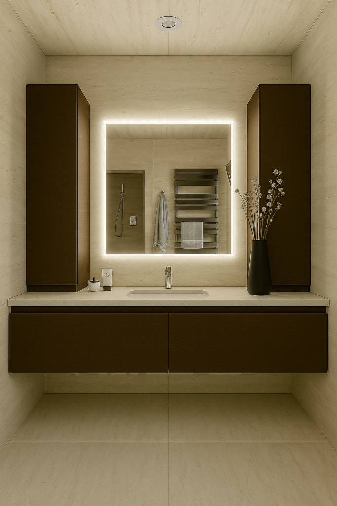 Salle de bain avec meuble vasque en bois – aménagement intérieur sur mesure à Tremblay