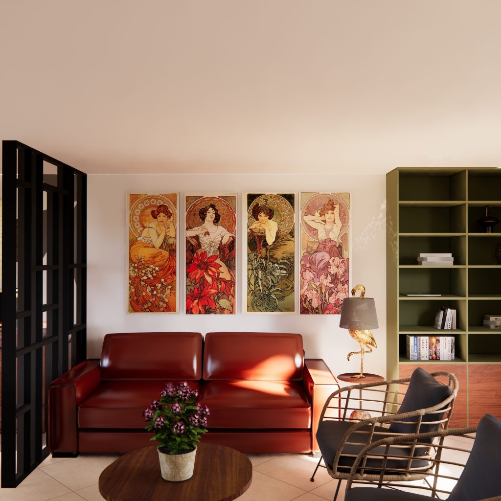 Salon Art Déco avec canapé cuir rouge bordeaux, bibliothèque verte et panneaux décoratifs colorés