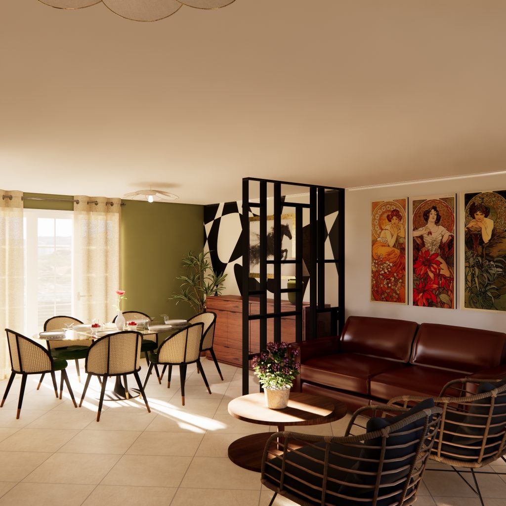 Salon Art Déco avec table ovale en verre trempé bullé et chaises cannées noires