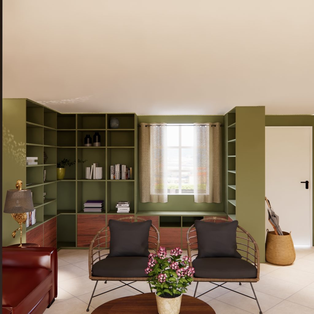 Bibliothèque sur mesure verte avec modules bois et rangements intégrés dans un salon Art Déco