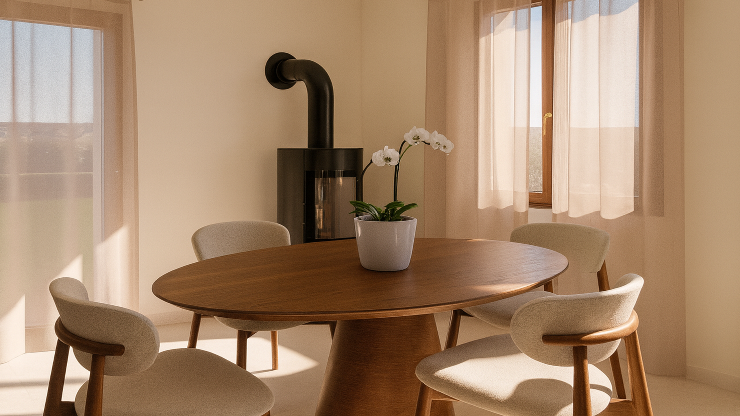 Salle à manger chaleureuse avec table ronde en bois et poêle noir