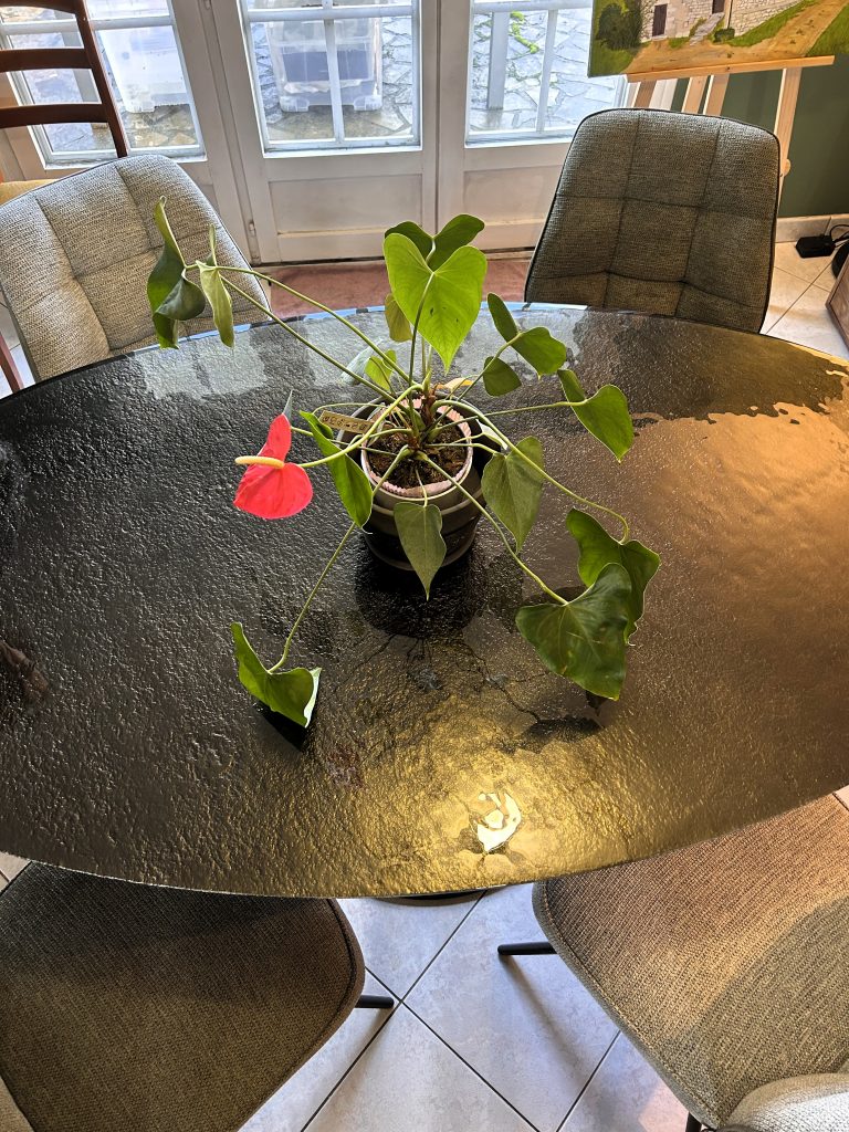 Vue rapprochée de la table en verre bullé et des chaises gris-vert, avec lumière naturelle venant des portes-fenêtres.