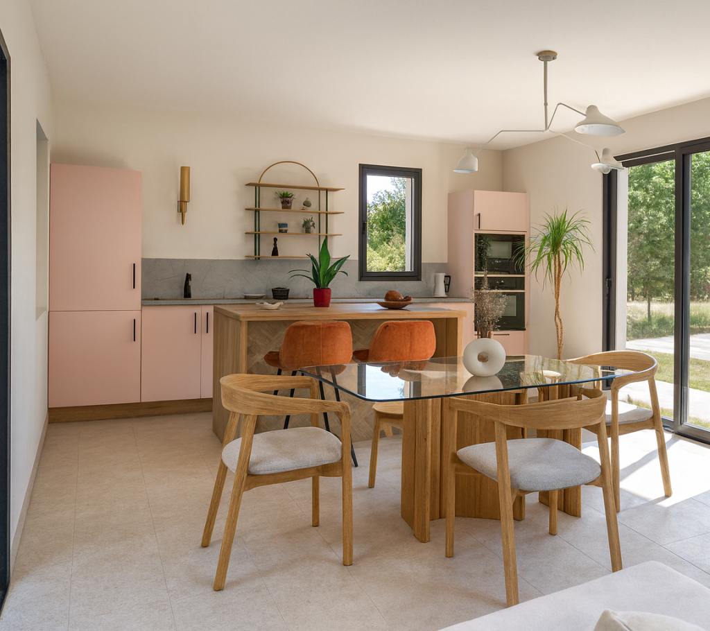 couleur et bien-être intérieur dans une cuisine rose poudré et bois clair