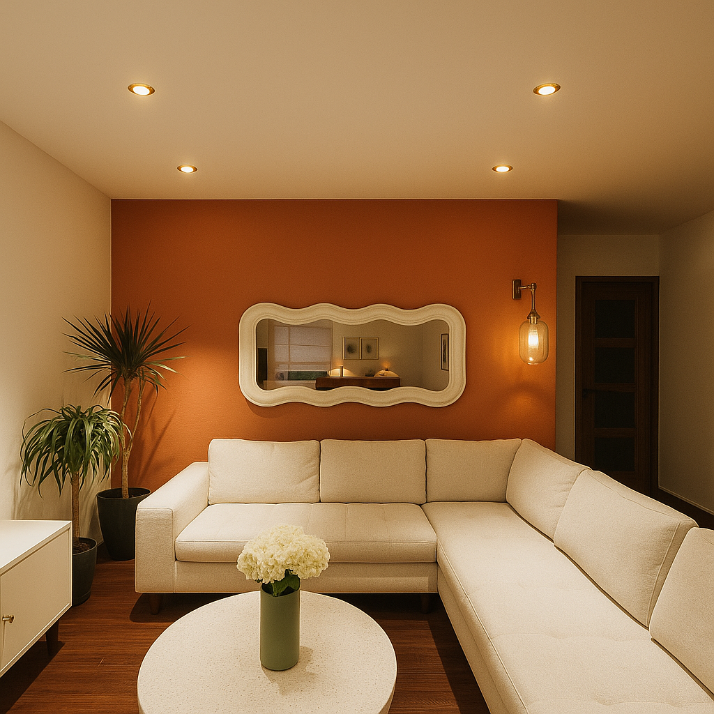 Salon lumineux à mur terracotta et parquet noyer foncé illustrant le confort thermique et la chaleur d’un intérieur bien isolé