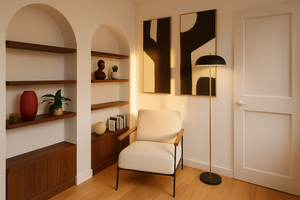 Aménagement intérieur sur-mesure par Lunello – étagères en bois noyer dans un salon lumineux