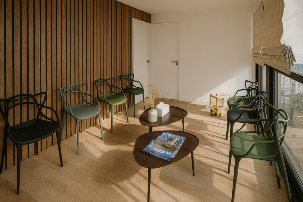 Salle d’attente contemporaine avec mur à lattes bois acoustiques et mobilier design  exemple d’isolation phonique esthétique