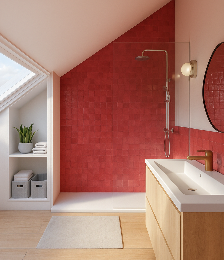 Salle de bain sur mesure sous combles avec zellige rouge framboise et meuble en bois clair, création Lunello