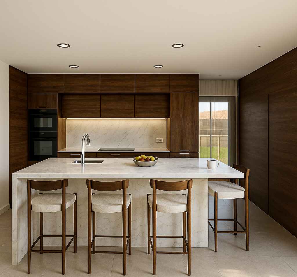 Cuisine en noyer et travertin aménagement intérieur sur mesure à Tremblay (coût rénovation intérieure 2025)